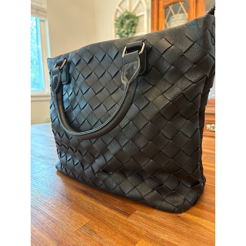 Miztique Tote Bag Womens Large Black Excellent Woven Faux Leather Handbag